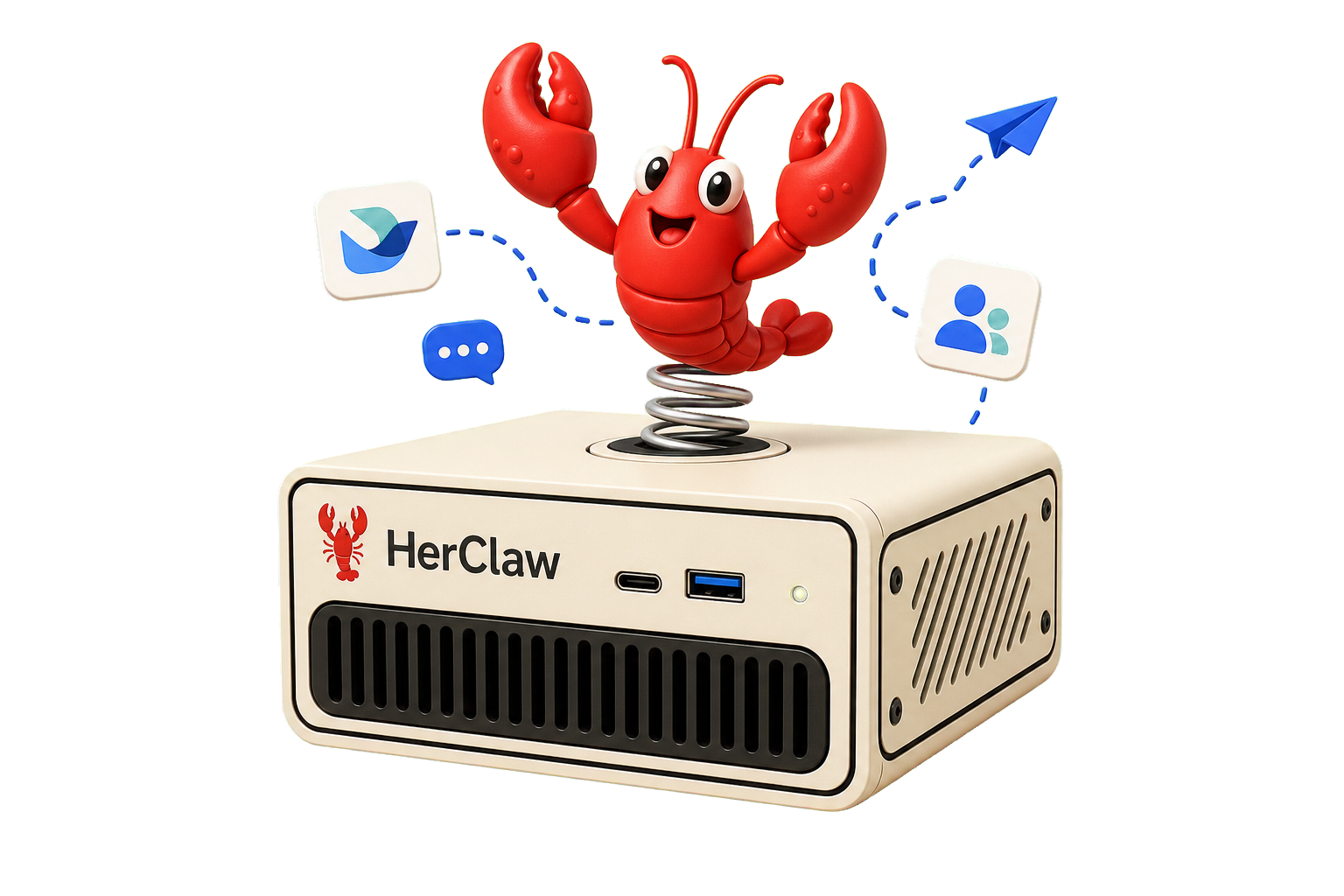 HerClaw 智能 AI 主机产品渲染图，顶部有弹簧小龙虾